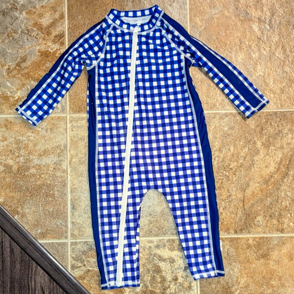 SwimZip - Navy Gingham Long Sleeve Romper Swimsuit - 18-24 m
